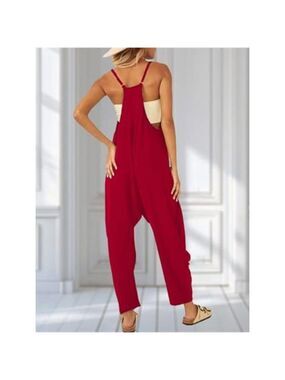 Women’s Casual Jumpsuit Summer Red Romper Sleeveless Loose Overalls with Pockets